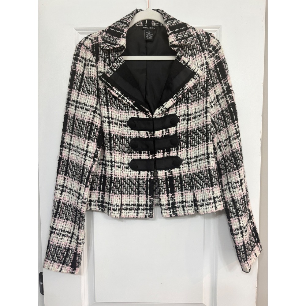 Wet Seal Pink Black Plaid Tweed Military Blazer Jacket XL Y2K Office